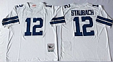 Cowboys 12 Roger Staubach White M&N Throwback Jersey